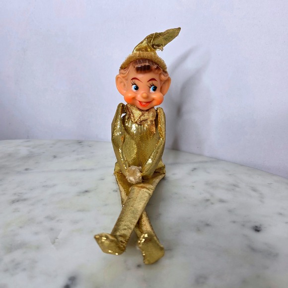 Vintage Gold Elf Pixie Shelf Sitter Christmas Holiday Decor MCM gold lame - Picture 1 of 8